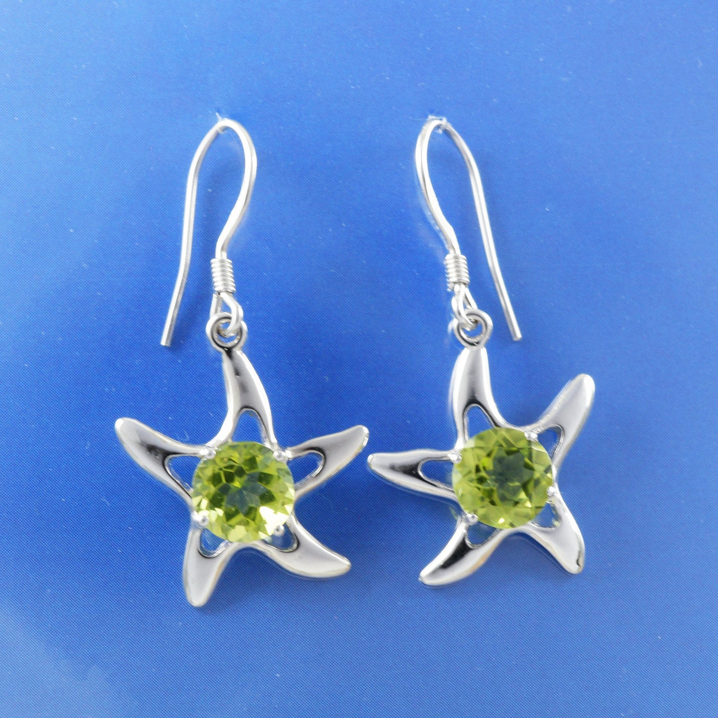 Hawaiian Large Genuine Peridot Starfish Earrings, Sterling Silver Green Peridot Star Fish Dangle Earrings, Christmas Mom Birthday Gift