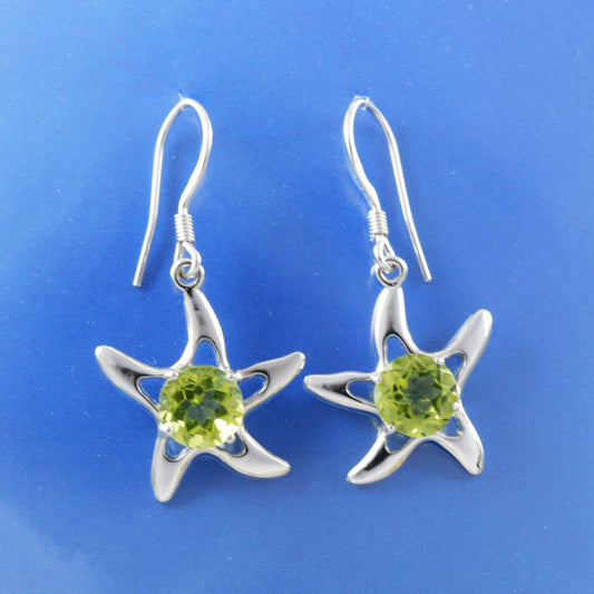 Hawaiian Large Genuine Peridot Starfish Earrings, Sterling Silver Green Peridot Star Fish Dangle Earrings, Christmas Mom Birthday Gift