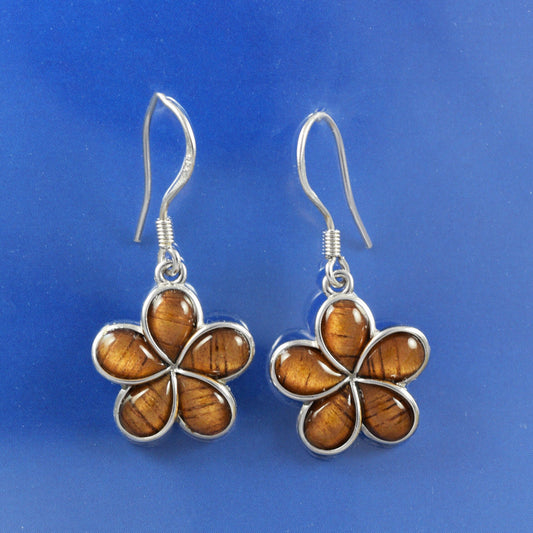 Hawaiian Genuine Koa Wood Plumeria Earrings, Sterling Silver Koa Wood Plumeria Dangle Earrings, Christmas Anniversary Birthday Gift