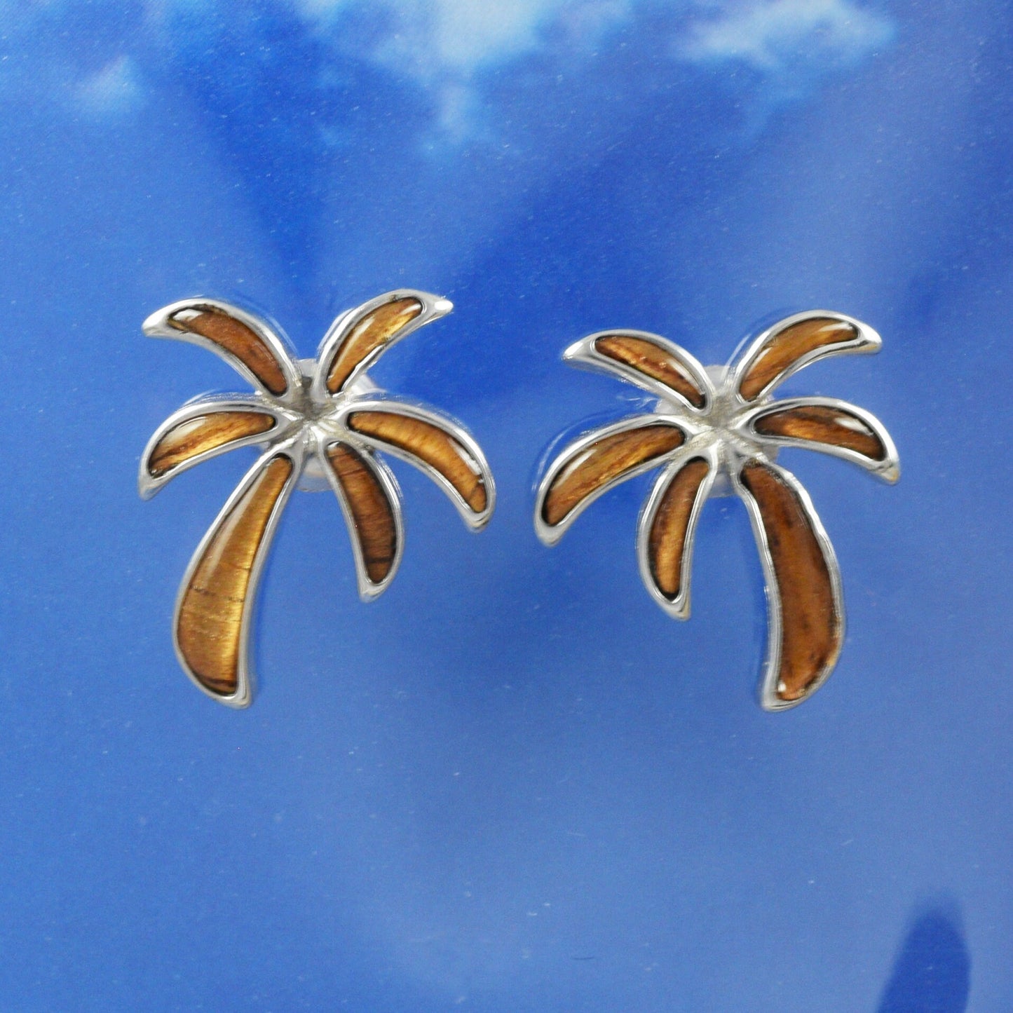 Hawaiian Large Genuine Koa Wood Palm Tree Earrings, Sterling Silver Koa Wood Palm Tree Stud Earrings, Christmas Anniversary Birthday Gift