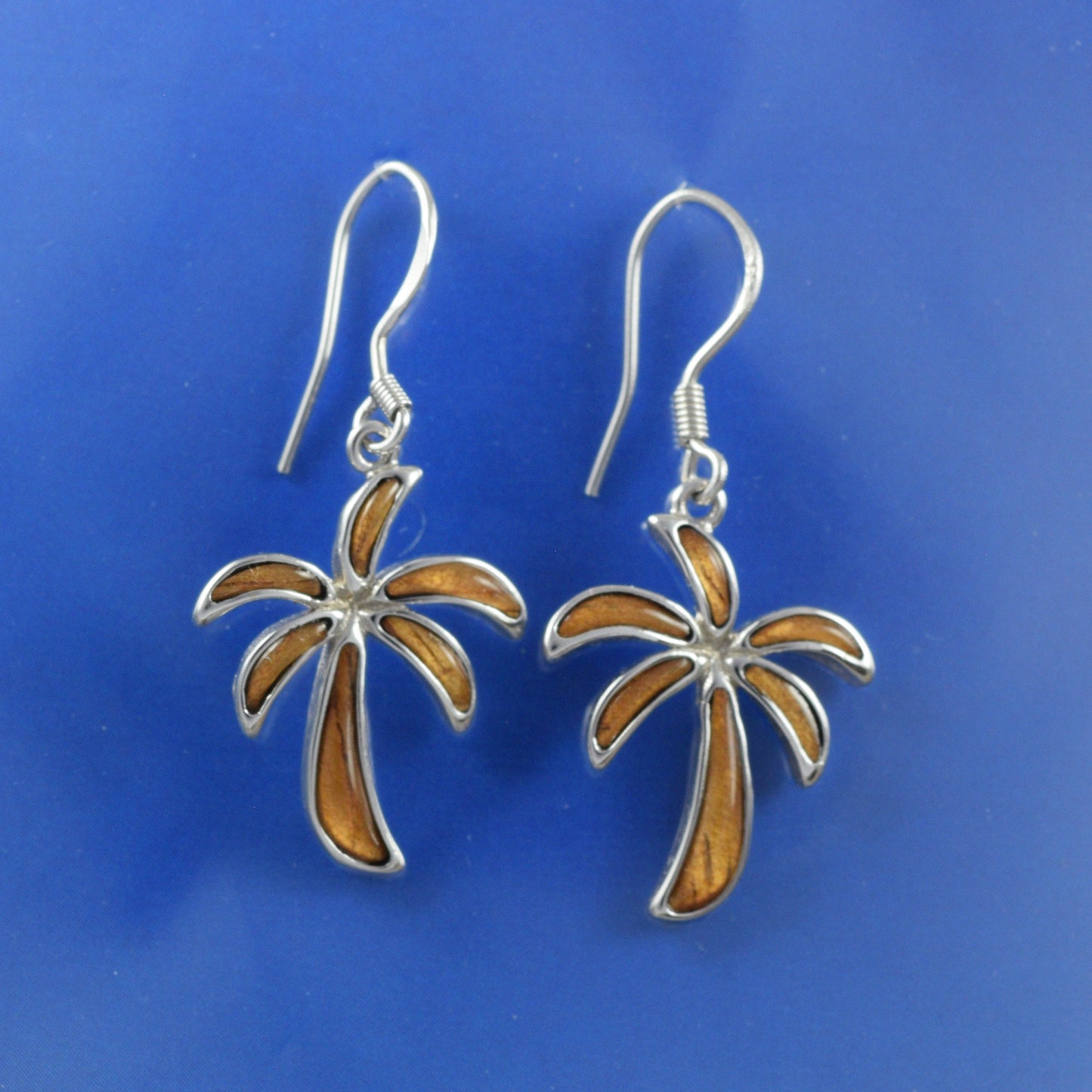 Hawaiian Large Genuine Koa Wood Palm Tree Earrings, Sterling Silver Palm Tree Dangle Earrings, Christmas Birthday Mother Mom Gift