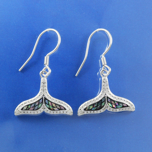 Hawaiian Genuine Abalone Shell Dolphin Tail Earrings, Sterling Silver Dolphin Tail CZ Dangle Earrings, Christmas Mom Birthday Gift