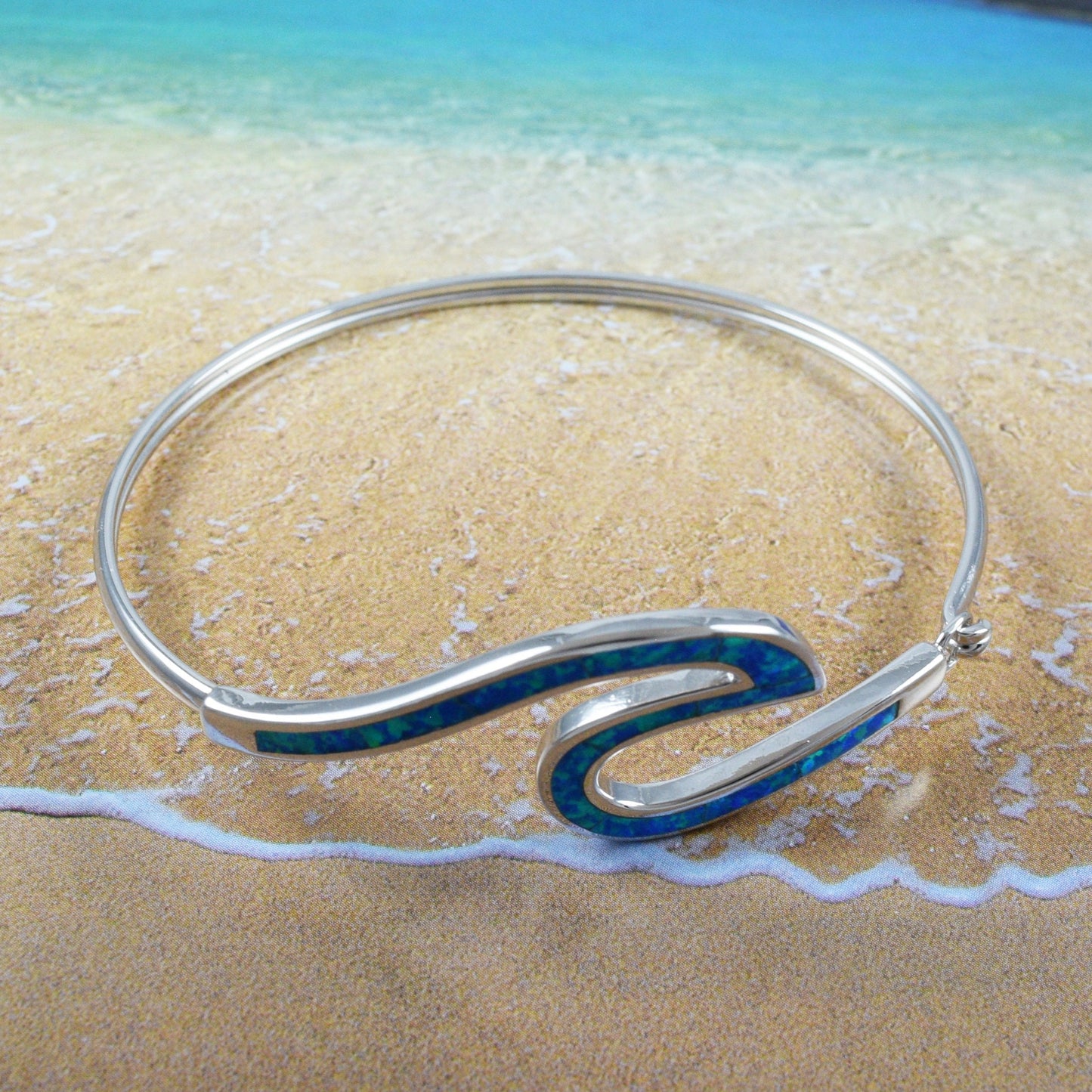 Hawaiian Blue Opal Ocean Wave Bangle Bracelet, Sterling Silver Opal Wave Bracelet, Christmas Anniversary Birthday Mom Gift