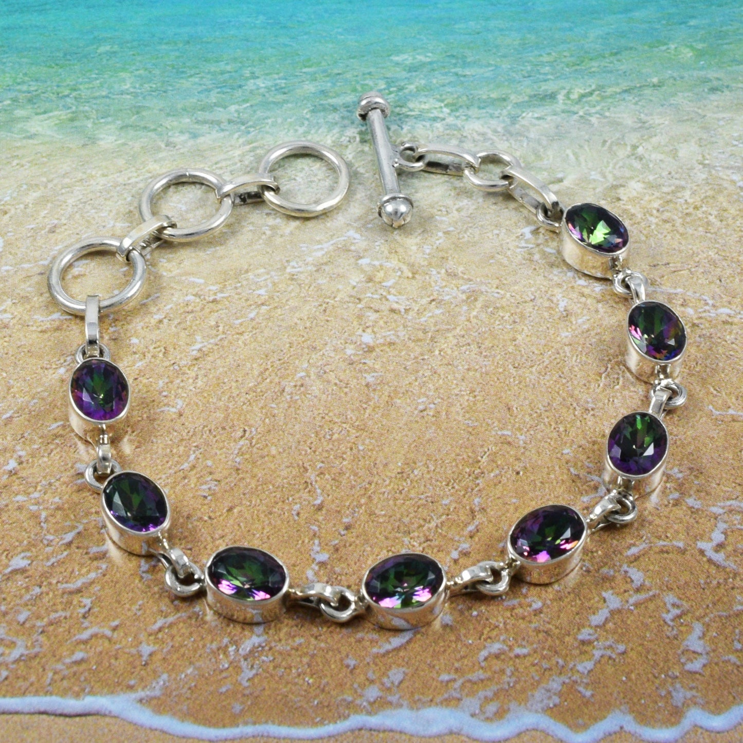 Adjustable Hawaiian Genuine Mystic Topaz Bracelet, Sterling Silver Rainbow Topaz Oval Cut Bracelet, Christmas Anniversary Birthday Mom Gift