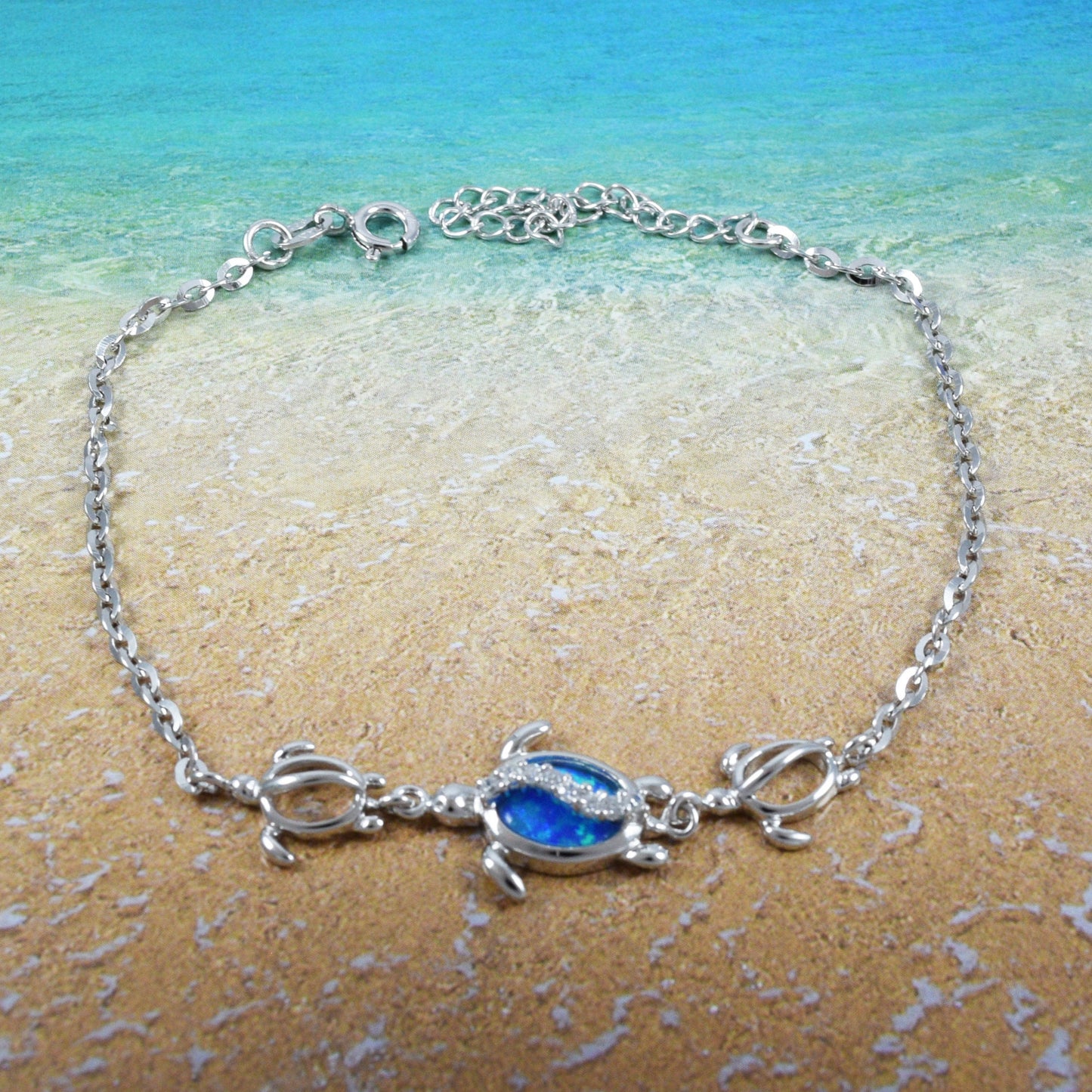 Adjustable Hawaiian Blue Opal Sea Turtle Ankle Bracelet, Sterling Silver Blue Opal 3 Turtle CZ Anklet, Christmas Birthday Mother Mom Gift