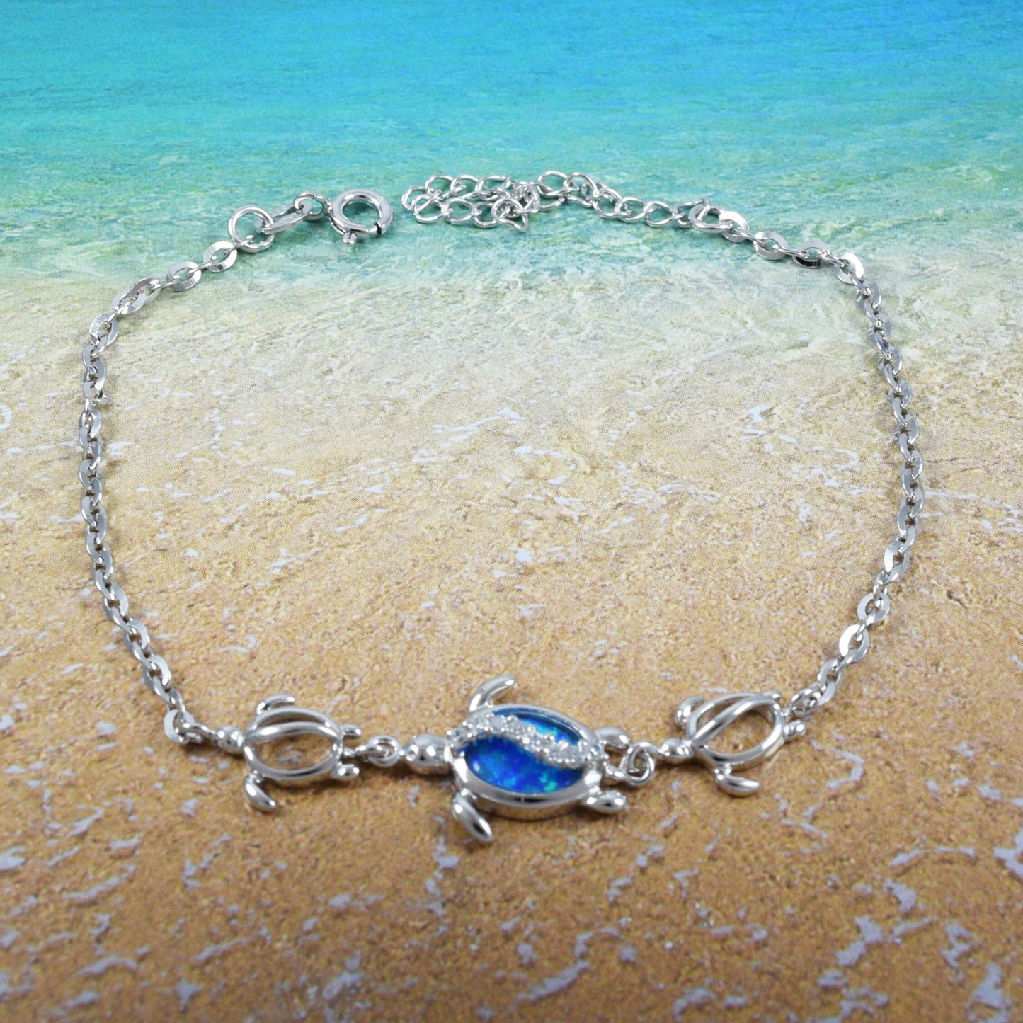 Adjustable Hawaiian Blue Opal Sea Turtle Bracelet, Sterling Silver Opal 3 Sea Turtle CZ Bracelet, Christmas Birthday Mother Mom Gift