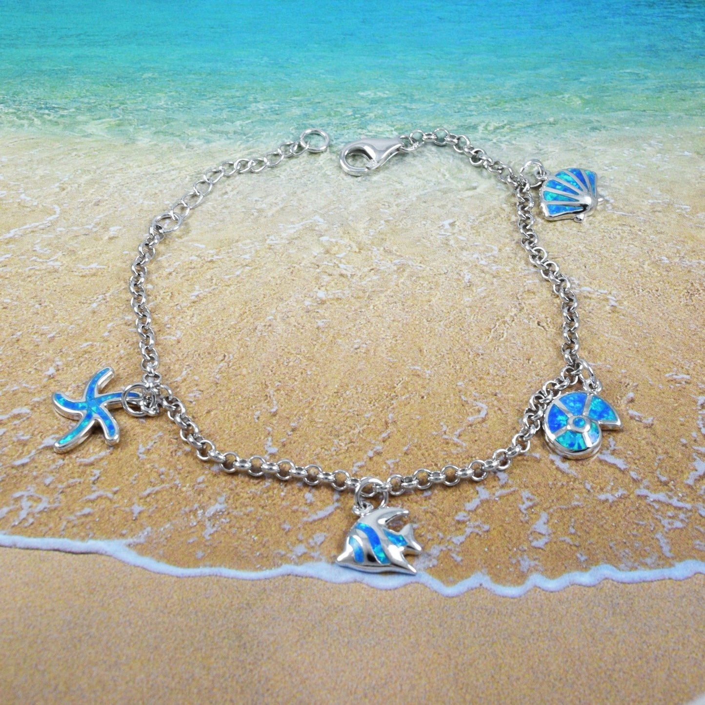 Adjustable Hawaiian Blue Opal Seashell Fish Bracelet, Sterling Silver Opal Starfish Bracelet, Christmas Birthday Mom Gift