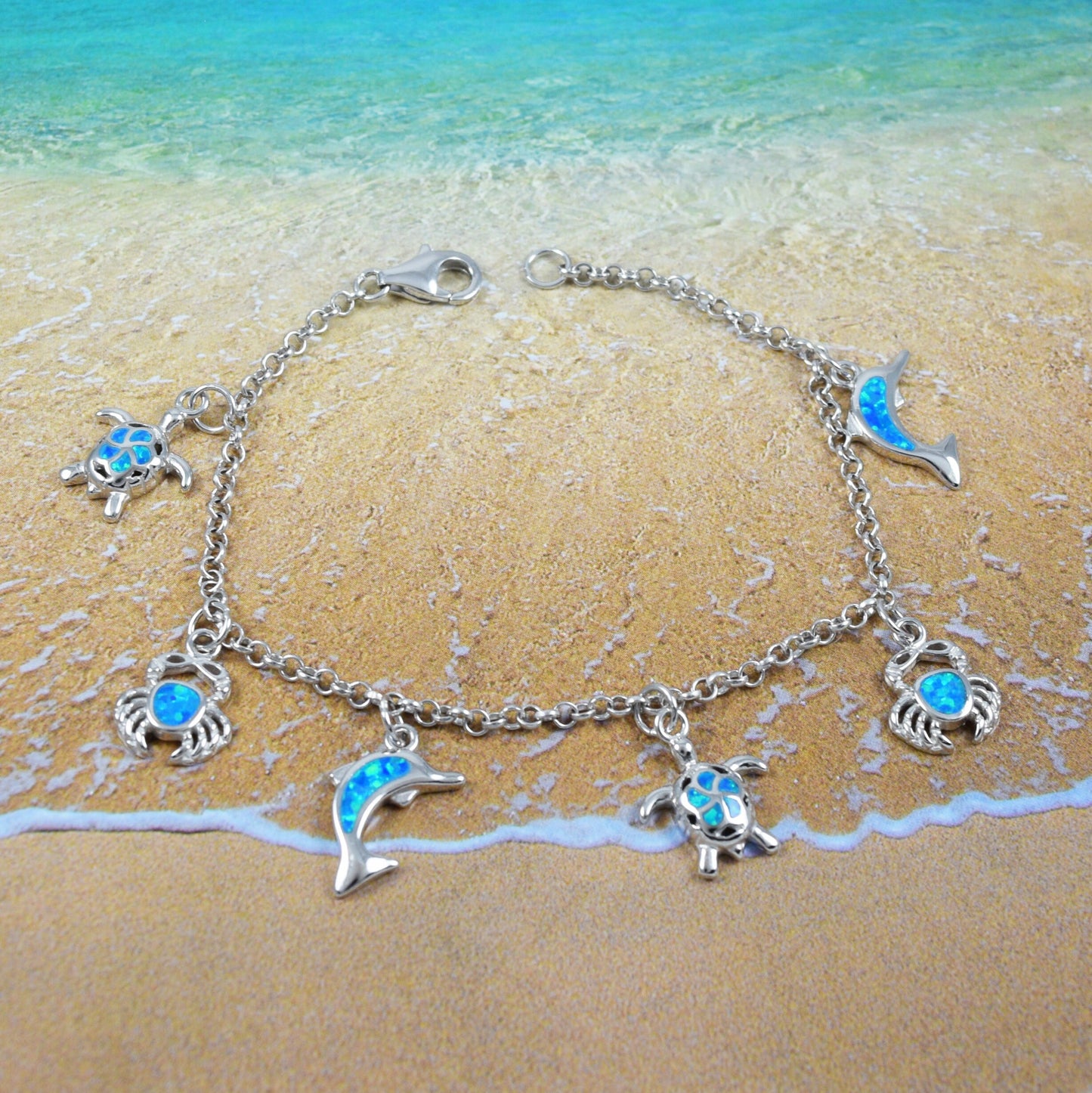 Hawaiian Blue Opal Sea Turtle Crab Dolphin Bracelet, Sterling Silver Sea Turtle Plumeria Charm Bracelet, Christmas Birthday Mom Gift