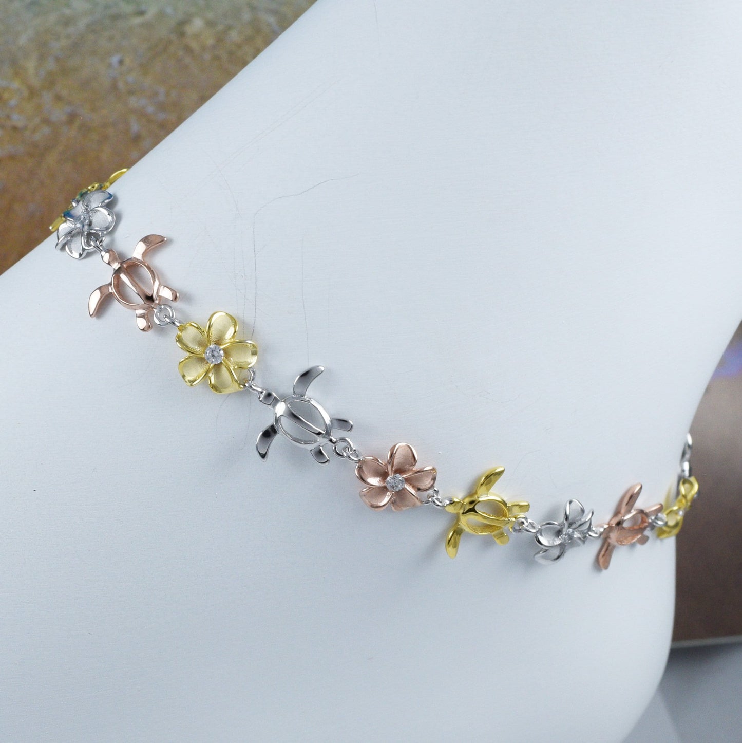 Adjustable Hawaiian Tri-color Sea Turtle Plumeria Ankle Bracelet, Sterling Silver Turtle Flower CZ Anklet, Christmas Birthday Mom Gift