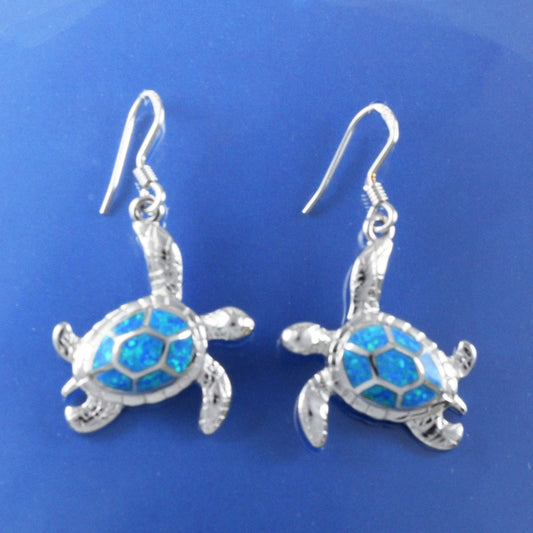 Hawaiian Large Blue Opal Sea Turtle Earrings, Sterling Silver Blue Opal Sea Turtle Dangle Earrings, Christmas Present Birthday Gift