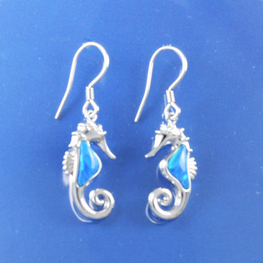 Hawaiian Blue Opal Seahorse Earrings, Sterling Silver Blue Opal Inlay Seahorse Dangle Earrings, Christmas Mom Birthday Gift