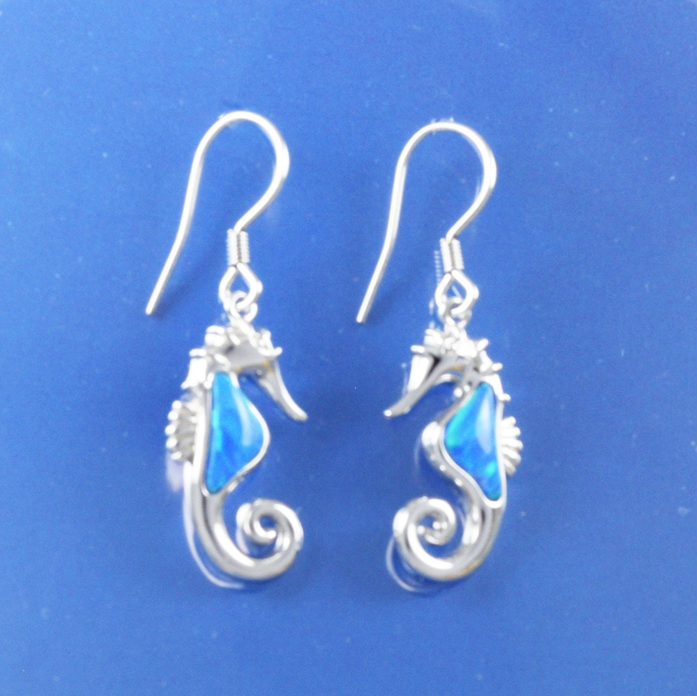 Hawaiian Blue Opal Seahorse Earrings, Sterling Silver Blue Opal Inlay Seahorse Dangle Earrings, Christmas Mom Birthday Gift