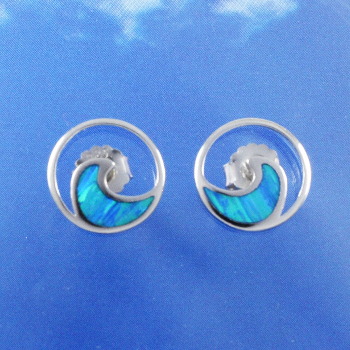 Hawaiian Blue Opal Ocean Wave Earrings, Sterling Silver Blue Opal Inlay Wave Stud Earrings, Christmas Present Birthday Gift