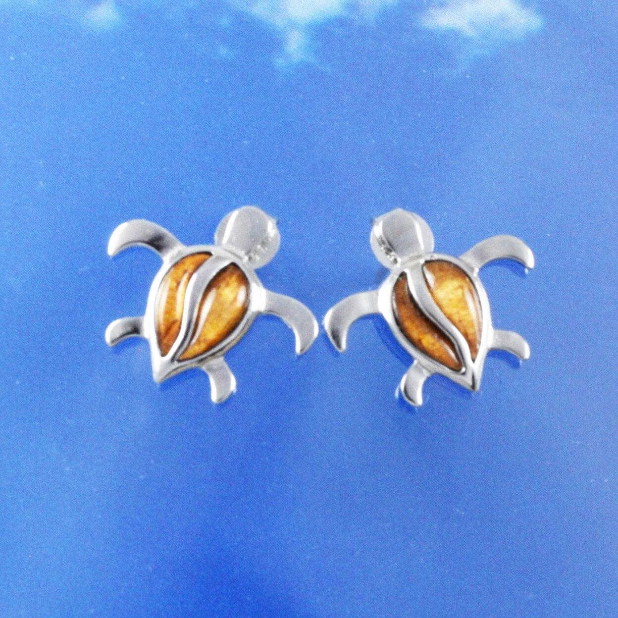 Hawaiian Genuine Koa Wood Sea Turtle Earrings, Sterling Silver Koa Wood Inlay Sea Turtle Stud Post Earrings, Hawaiian Jewelry