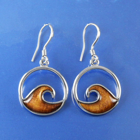 Hawaiian Large Genuine Koa Wood Ocean Wave Earrings, Sterling Silver Koa Wood Inlay Wave Dangle Earrings, Christmas Mom Birthday Gift