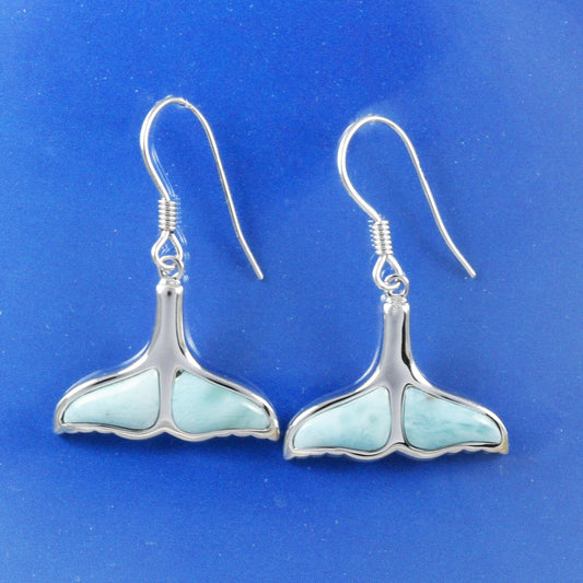 Hawaiian Large Genuine Larimar Dolphin Tail Earrings, Sterling Silver Larimar Dolphin Tail Dangle Earrings, Christmas Mom Birthday Gift