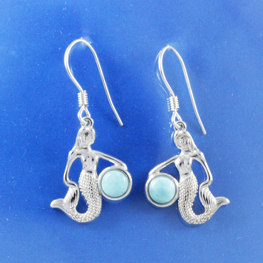 Hawaiian Large Genuine Larimar Mermaid Earrings, Sterling Silver Larimar Inlay Mermaid Dangle Earrings, Christmas Mom Birthday Gift