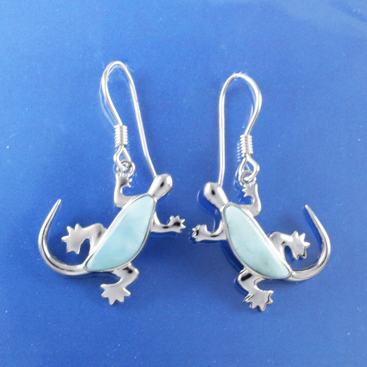 Hawaiian Large Genuine Larimar Gecko Earrings, Sterling Silver Larimar Inlay Gecko Dangle Earrings, Christmas Mom Birthday Gift