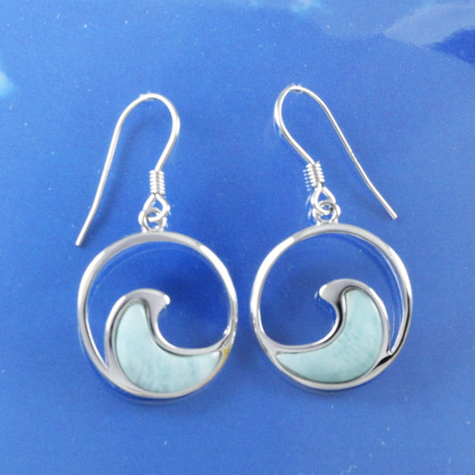 Hawaiian Large Genuine Larimar Ocean Wave Earrings, Sterling Silver Larimar Inlay Wave Earrings, Christmas Mom Birthday Gift