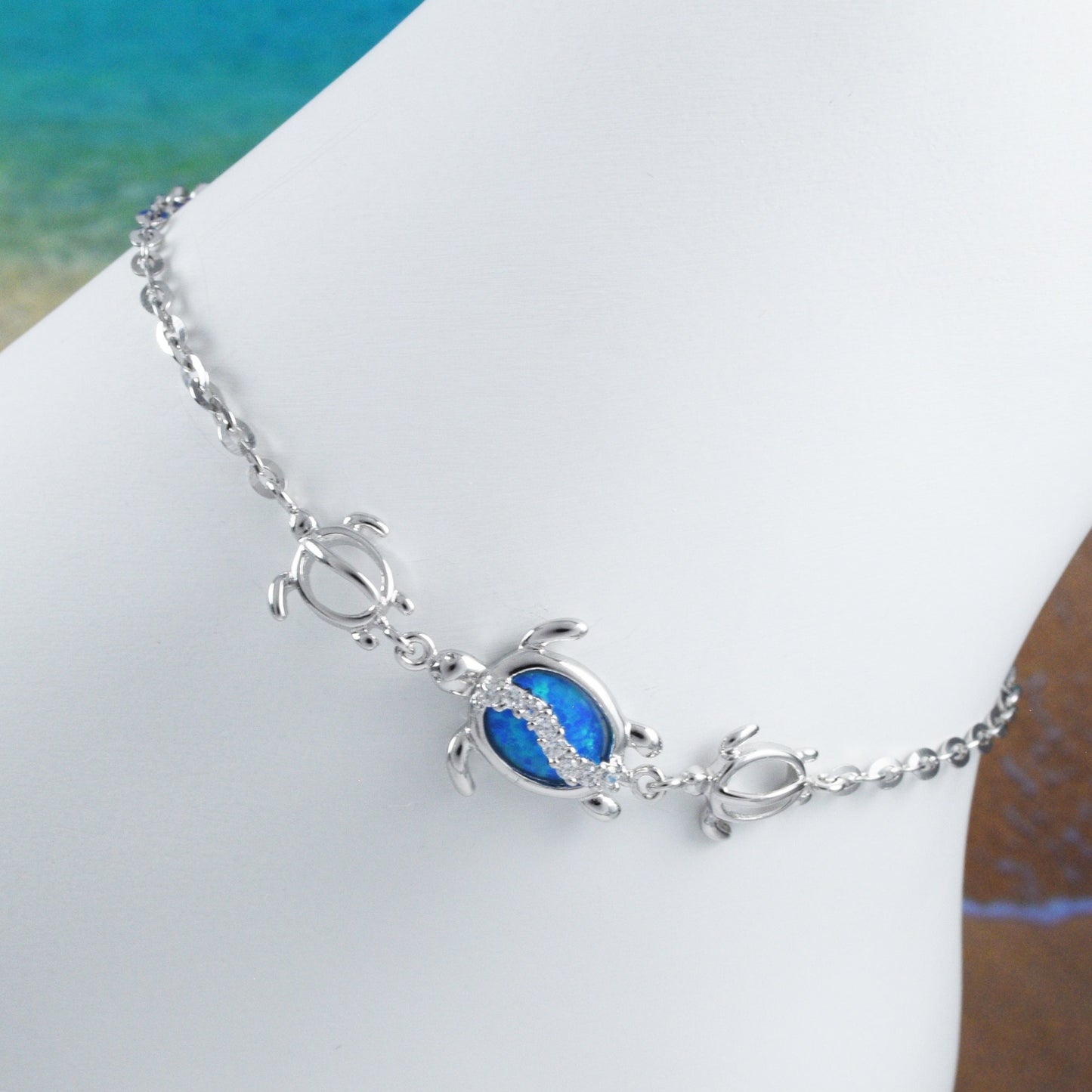 Adjustable Hawaiian Blue Opal Sea Turtle Ankle Bracelet, Sterling Silver Blue Opal 3 Turtle CZ Anklet, Christmas Birthday Mother Mom Gift