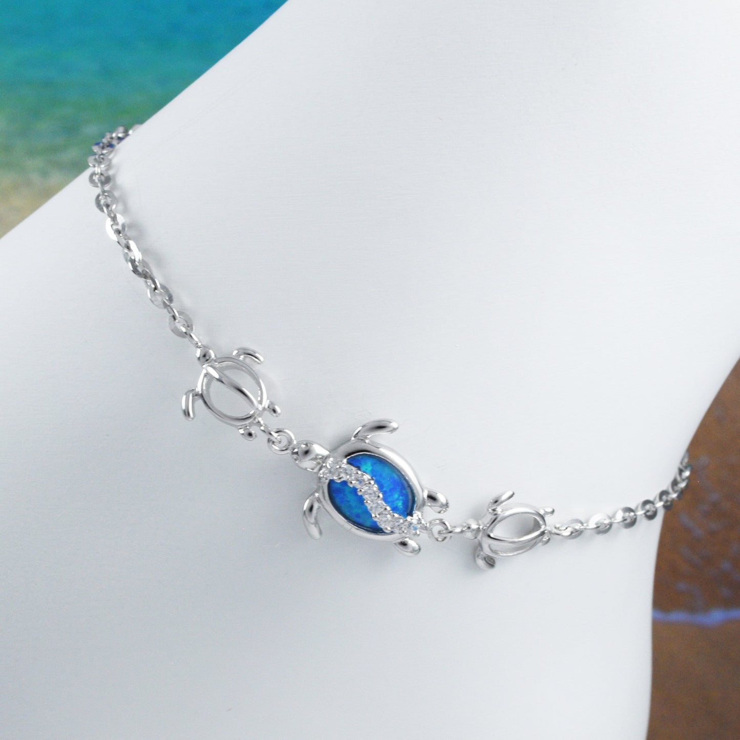 Adjustable Hawaiian Blue Opal Sea Turtle Bracelet, Sterling Silver Opal 3 Sea Turtle CZ Bracelet, Christmas Birthday Mother Mom Gift