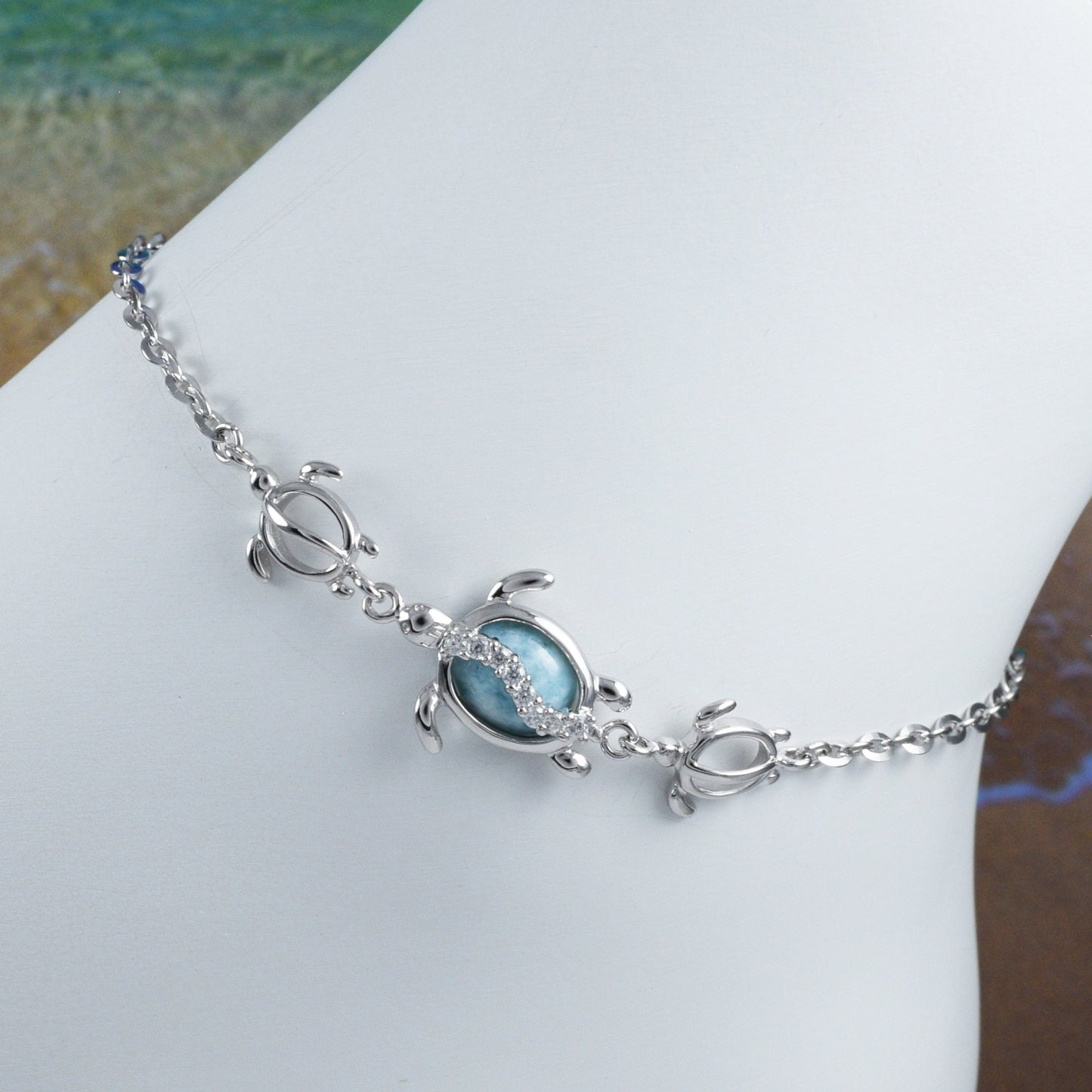 Adjustable Hawaiian Genuine Larimar Sea Turtle Bracelet, Sterling Silver Sea Turtle Larimar CZ Bracelet, Christmas Birthday Mom Gift