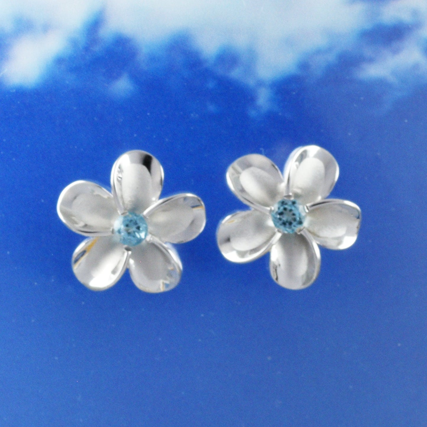 Hawaiian Genuine Blue Topaz Plumeria Earrings, Sterling Silver Plumeria Blue Topaz Stud Earrings,  Christmas Anniversary Birthday Gift