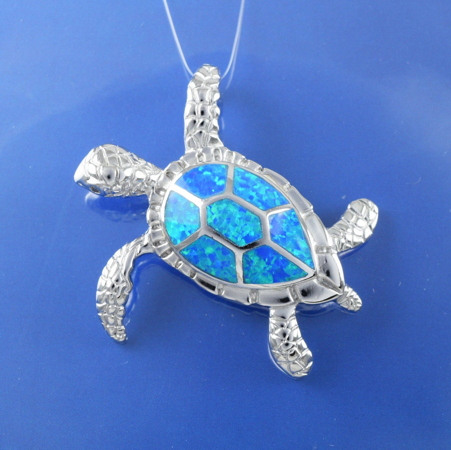 Hawaiian X-Large Blue Opal Sea Turtle Pendant, Sterling Silver Blue Opal Inlay Sea Turtle Pendant, Hawaiian Christmas Mother Birthday Gift