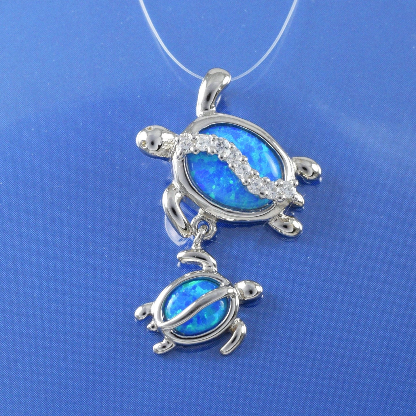 Hawaiian Blue Opal Mom and Small Sea Turtle Pendant, Sterling Silver Blue Opal Inlay Sea CZ Turtle Pendant, Christmas Birthday Gift