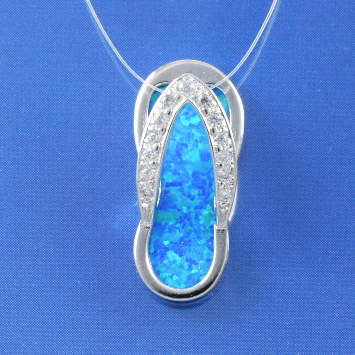 Hawaiian Blue Opal Slipper Pendant, Sterling Silver Blue Opal Sandal Charm Pendant, Christmas Birthday Mom Gift