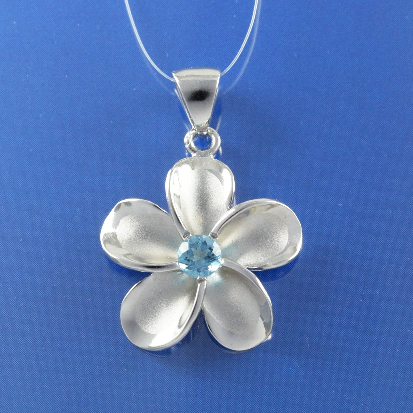 Hawaiian Genuine Blue Topaz Plumeria Pendant, Sterling Silver Plumeria Pendant, Christmas Anniversary Birthday Mom Gift