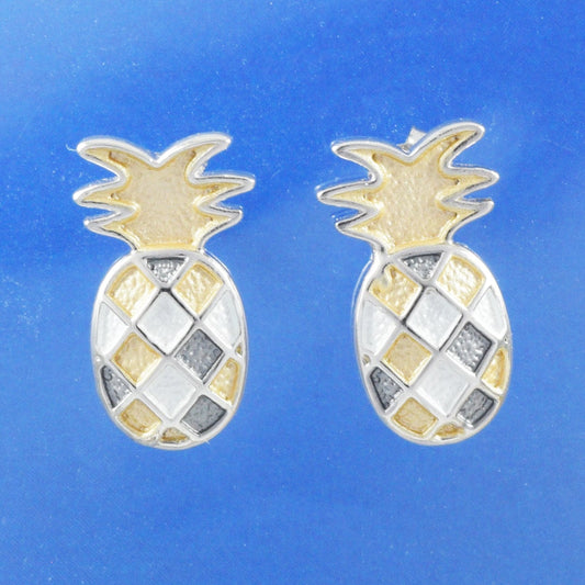 Hawaiian 3-Tone Pineapple Earrings, Sterling Silver Tri-color Pineapple Stud Earrings, Hawaiian Jewelry, Christmas Anniversary Birthday Gift