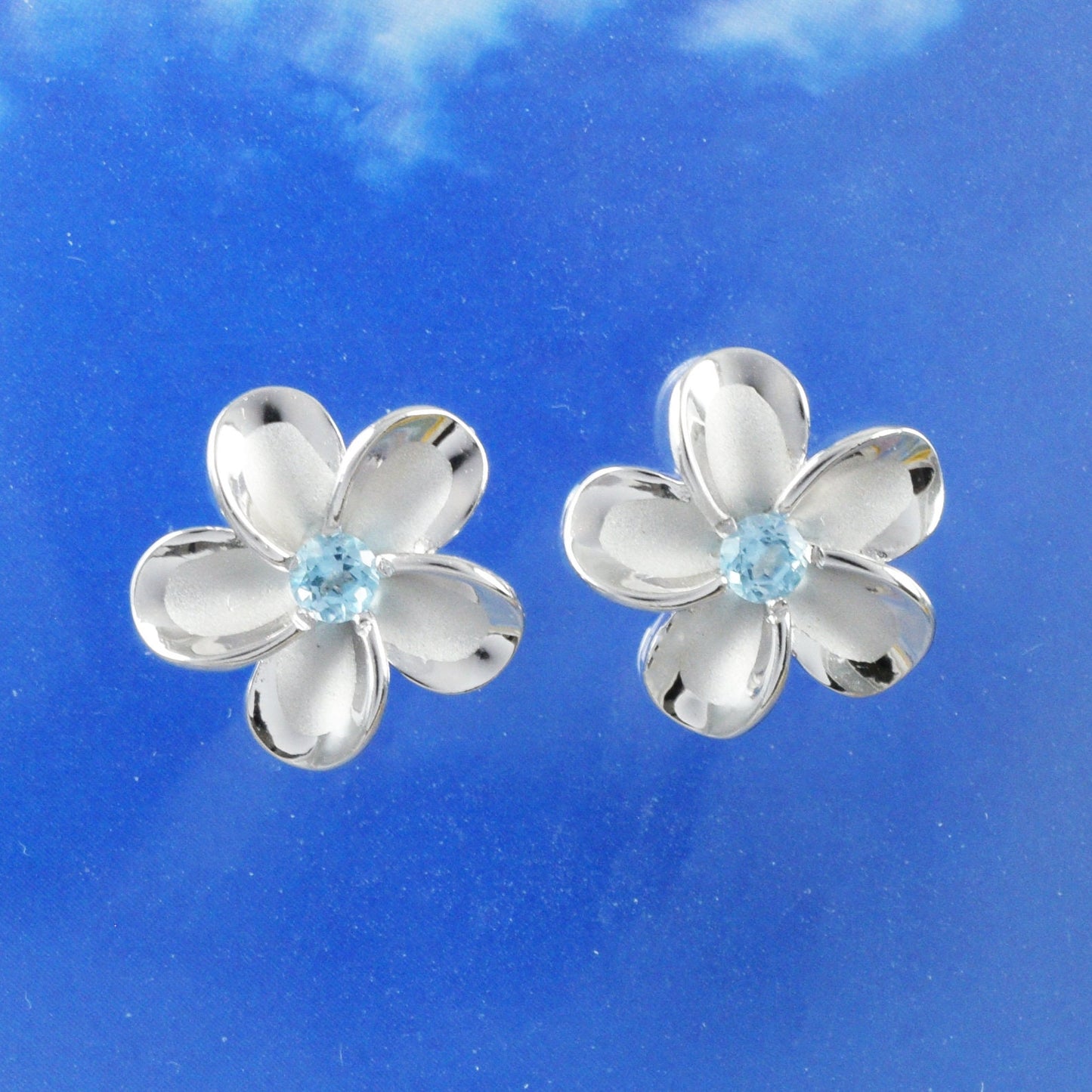 Hawaiian Genuine Blue Topaz Plumeria Earrings, Sterling Silver Plumeria Blue Topaz Stud Earrings,  Christmas Anniversary Birthday Gift