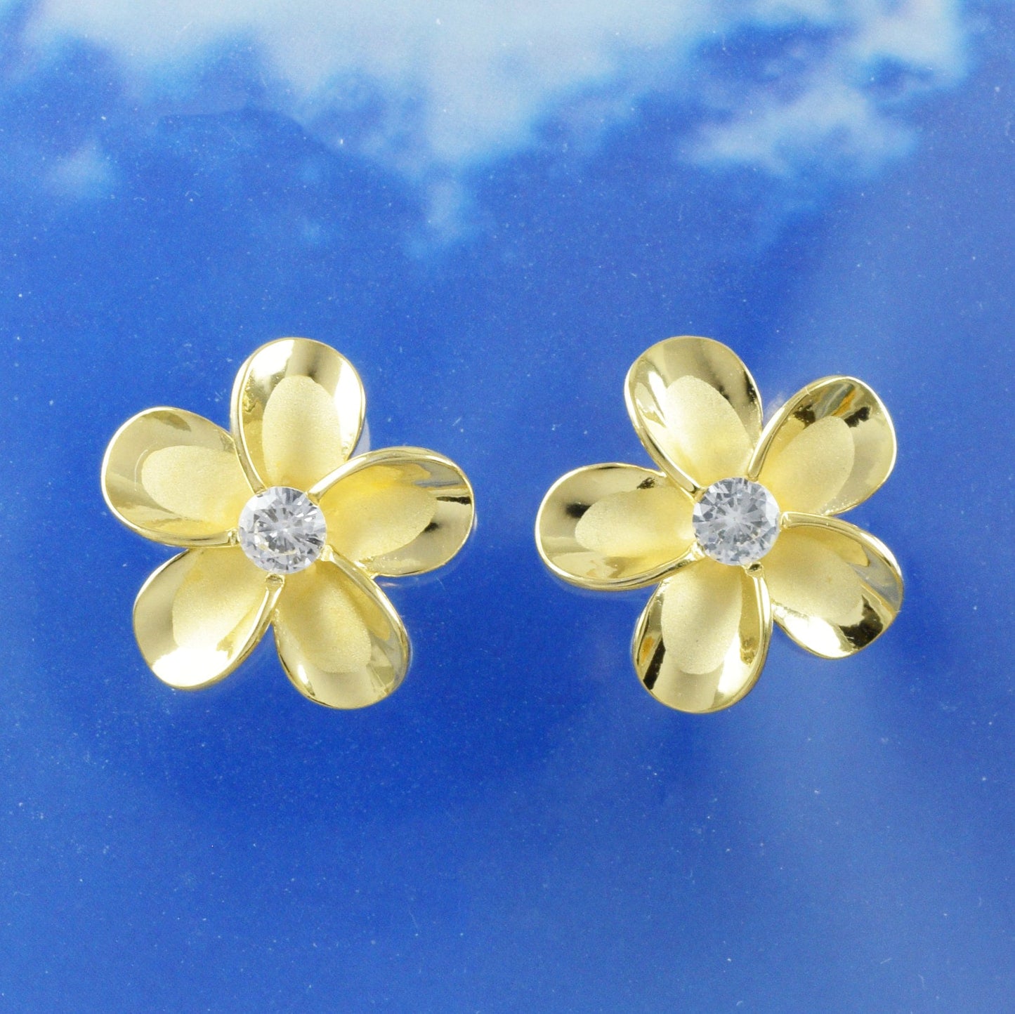 Hawaiian Plumeria Earrings, Sterling Silver Yellow-Gold Plated Plumeria CZ Stud Earrings, Mom Christmas Anniversary Birthday Gift