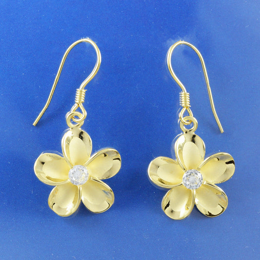 Hawaiian Plumeria Earrings, Sterling Silver Yellow-Gold Plated Plumeria CZ Dangle Earrings, Christmas Anniversary Birthday Gift