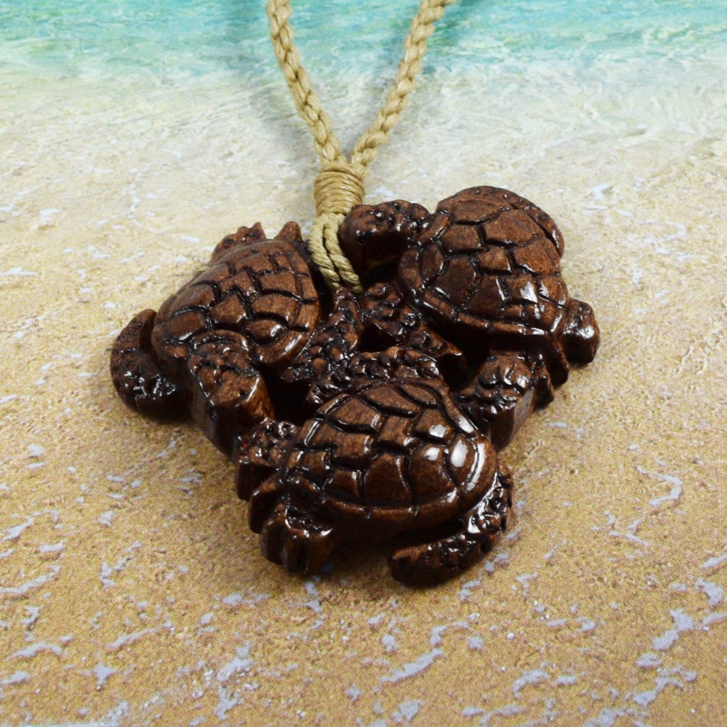 Hawaiian Genuine Koa Wood 3 Sea Turtle Necklace, Hand Carved Koa Wood Sea Turtle Family Necklace, Anniversary Birthday Gift