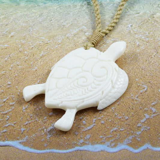 Hawaiian Sea Turtle Necklace, Hand Carved Buffalo Bone Wave Sea Turtle Necklace, Christmas Present, Anniversary Birthday Gift