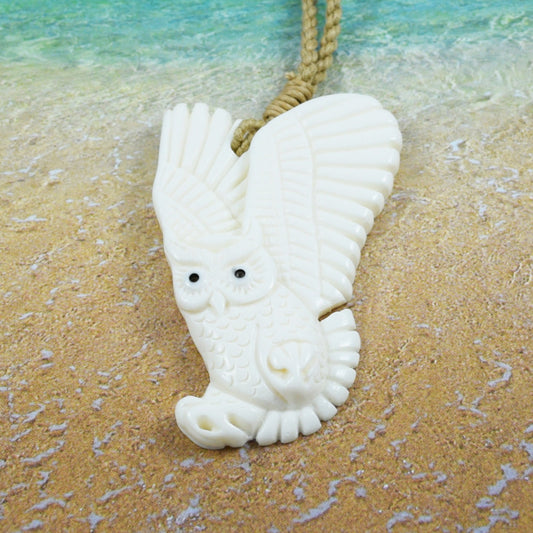 Hawaiian Owl Necklace, Hand Carved Buffalo Bone Owl Necklace, Christmas Present, Anniversary Birthday Gift