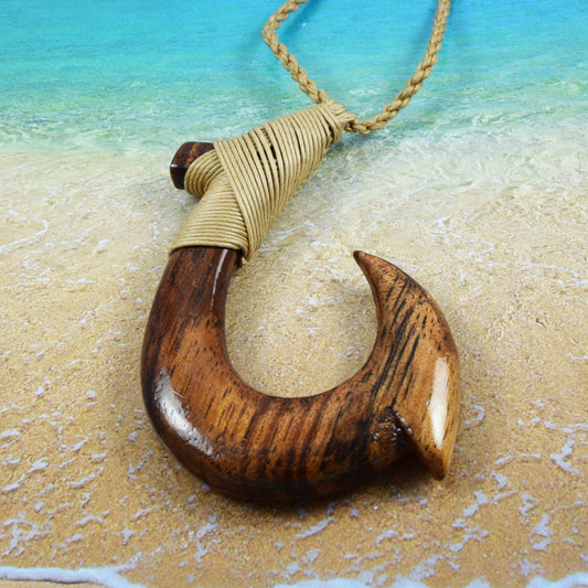 Hawaiian X-Large Genuine Koa Wood Fish Hook Necklace, Hand Carved Koa Wood Fish Hook Necklace, Christmas Present, Anniversary Birthday Gift