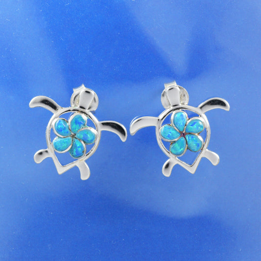 Hawaiian Large Blue Opal Sea Turtle Plumeria Earrings, Sterling Silver Blue Opal Sea Turtle Stud Earrings, Christmas Birthday Mom Gift