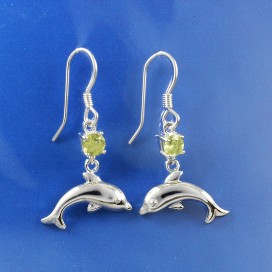 Hawaiian Genuine Peridot Dolphin Earrings, Sterling Silver Green Peridot Dolphin Dangle Earrings, Christmas Mom Birthday Gift