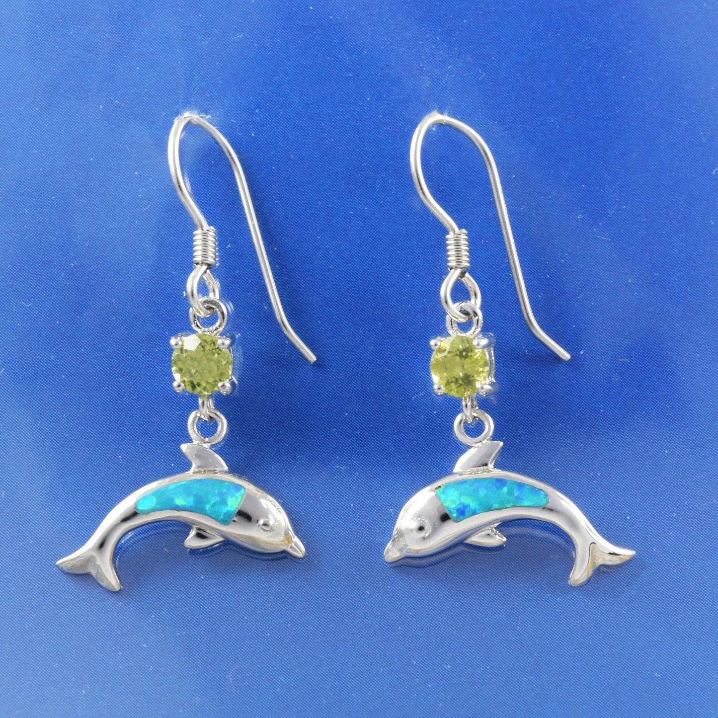 Hawaiian Genuine Peridot Blue Opal Dolphin Earrings, Sterling Silver Peridot Blue Opal Dolphin Dangle Earrings, Christmas Mom Birthday Gift