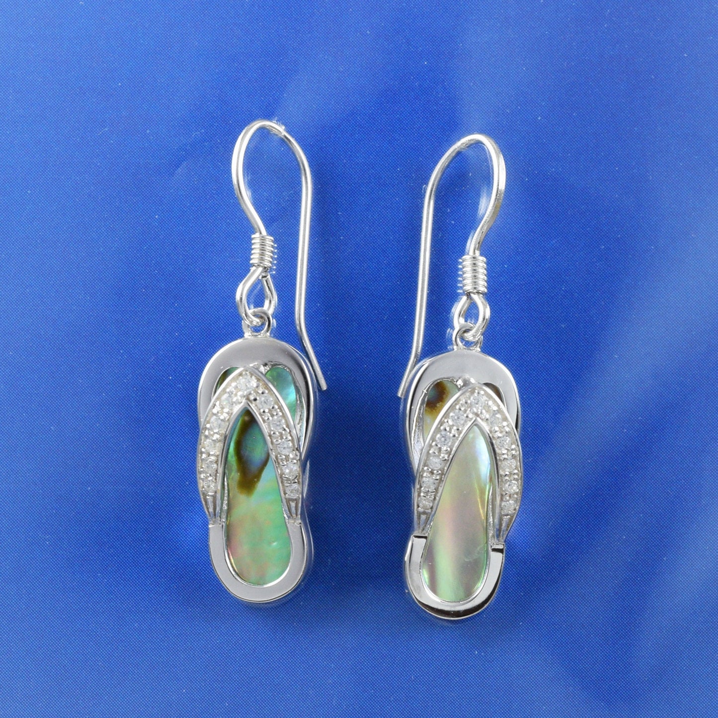 Hawaiian Genuine Abalone Shell Slipper Earrings, Sterling Silver Slipper CZ Dangle Earrings, Christmas Mom Birthday Gift