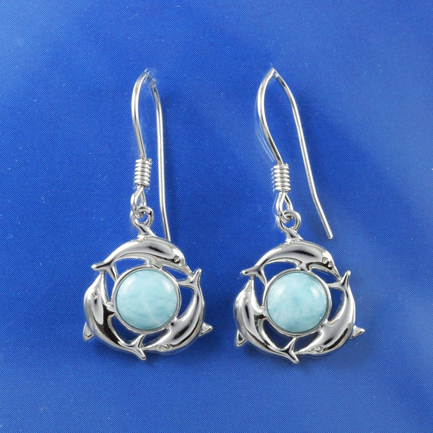 Hawaiian Genuine Larimar Dolphin Family Earrings, Sterling Silver Blue Larimar Inlay 3 Dolphin Dangle Earrings, Christmas Mom Birthday Gift