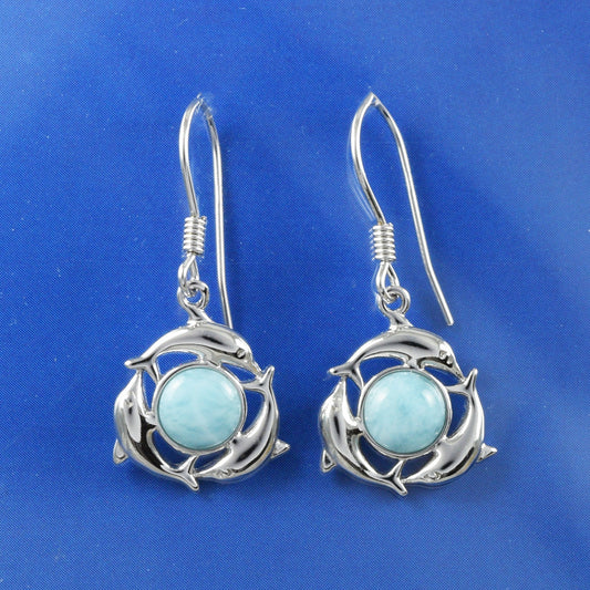 Hawaiian Genuine Larimar Dolphin Family Earrings, Sterling Silver Blue Larimar Inlay 3 Dolphin Dangle Earrings, Christmas Mom Birthday Gift