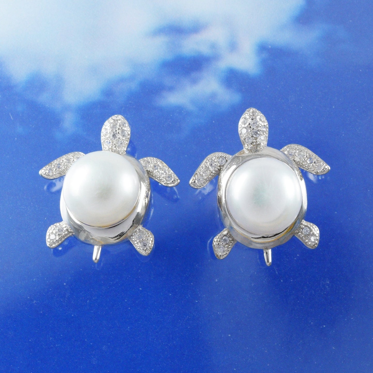 Hawaiian Large Genuine White Pearl Sea Turtle Earrings, Sterling Silver White Pearl Sea Turtle CZ Stud Post Earrings, Hawaiian Jewelry