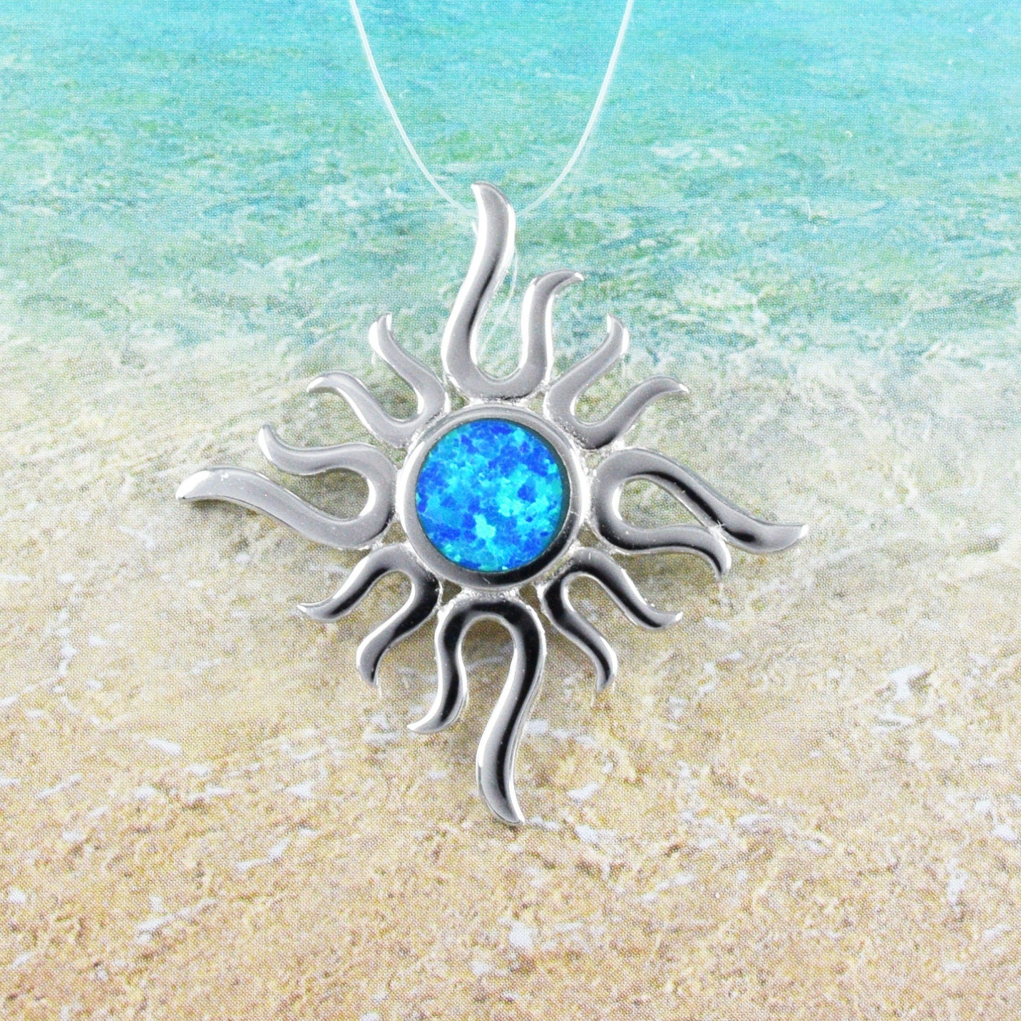 Hawaiian Large Blue Opal Sun Necklace, Sterling Silver Blue Opal Inlay Sun Pendant, Christmas Anniversary Birthday Mom Gift