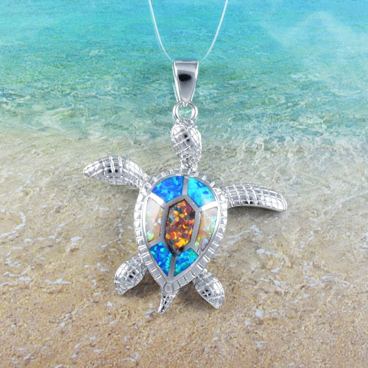 Hawaiian Large Tri-Color Opal Sea Turtle Necklace, Sterling Silver Blue White Pink Opal Inlay Sea Turtle Pendant, Christmas Birthday Gift