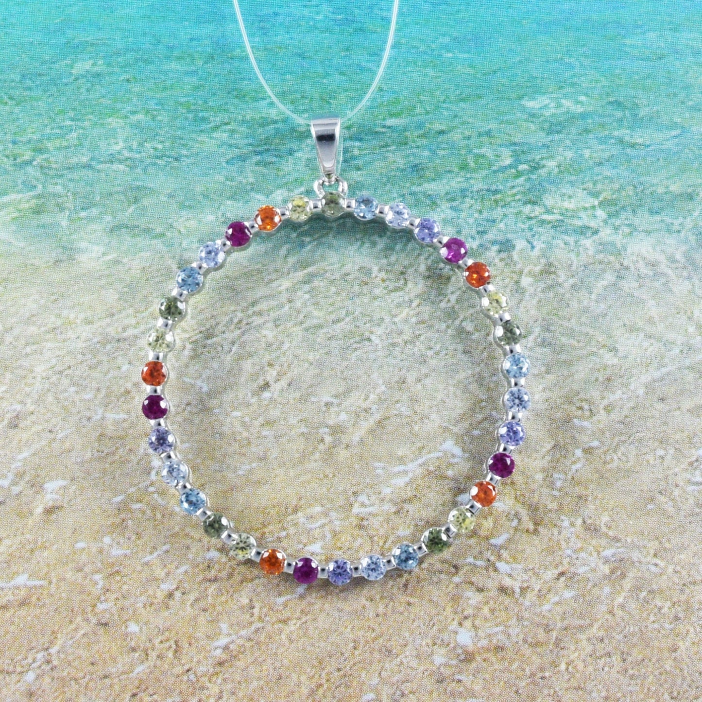 Hawaiian Large Multi Color Circle Necklace, Sterling Silver Cutout Circle Multi Color CZ Pendant, Christmas Anniversary Birthday Mom Gift