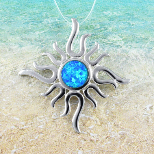 Hawaiian Large Blue Opal Sun Necklace, Sterling Silver Blue Opal Inlay Sun Pendant, Christmas Anniversary Birthday Mom Gift